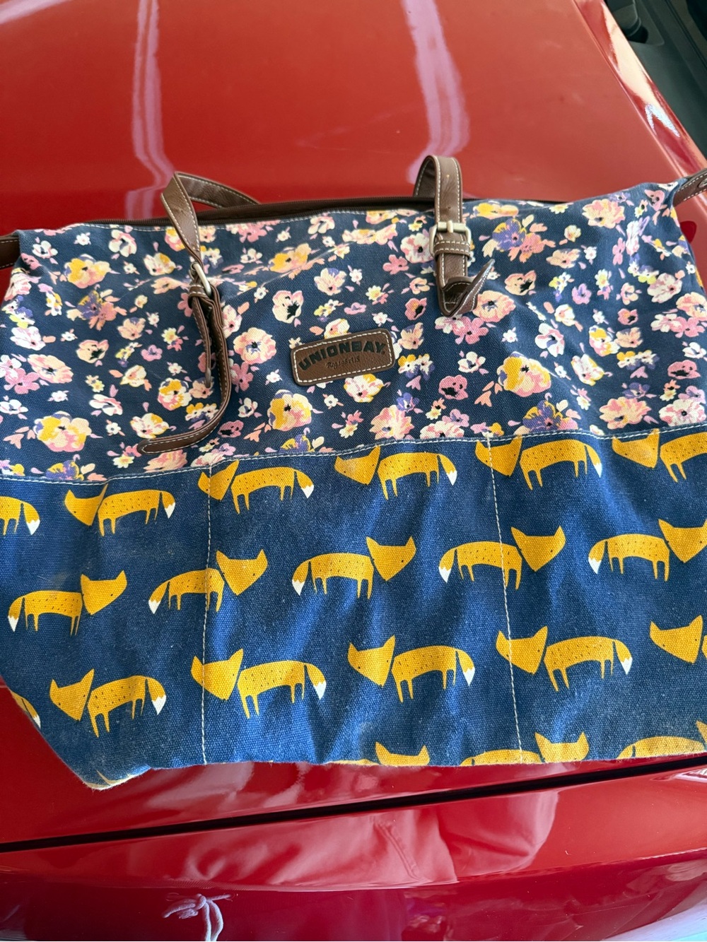 UNIONBAY Navy Floral & Yellow Fox Print Canvas Tote